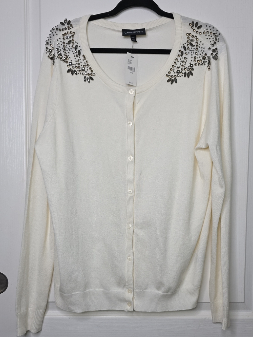 Lane Bryant Plus Size 14 16 Ivory Embellished Rhinestones Sweater Cardigan NWT